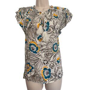Rose & Oliver Fluffer Sleeve Tie Neck Size Medium Print Blouse NWT Brown Teal Ye